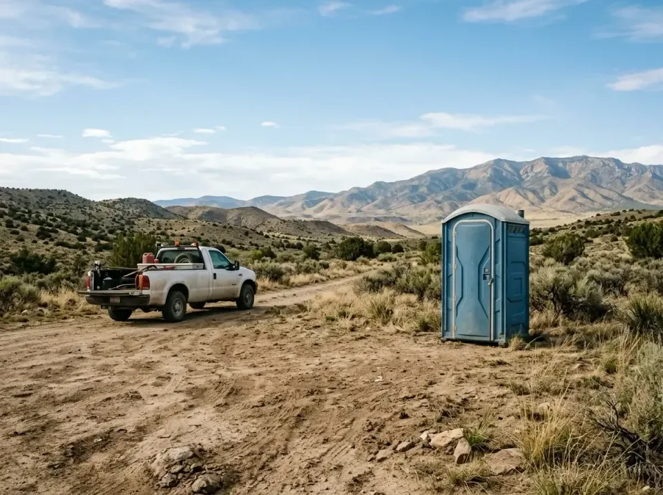 Portable Toilet — Remote Location — Portable Toilet, Pickup Truck, Dirt Road, Remote Location, Portable Toilet Rental in Bea…